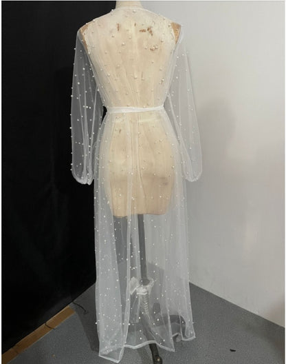 Women's Pearl Mesh Lace Dress - Sheer Long Sleeve Nightgown with Cape