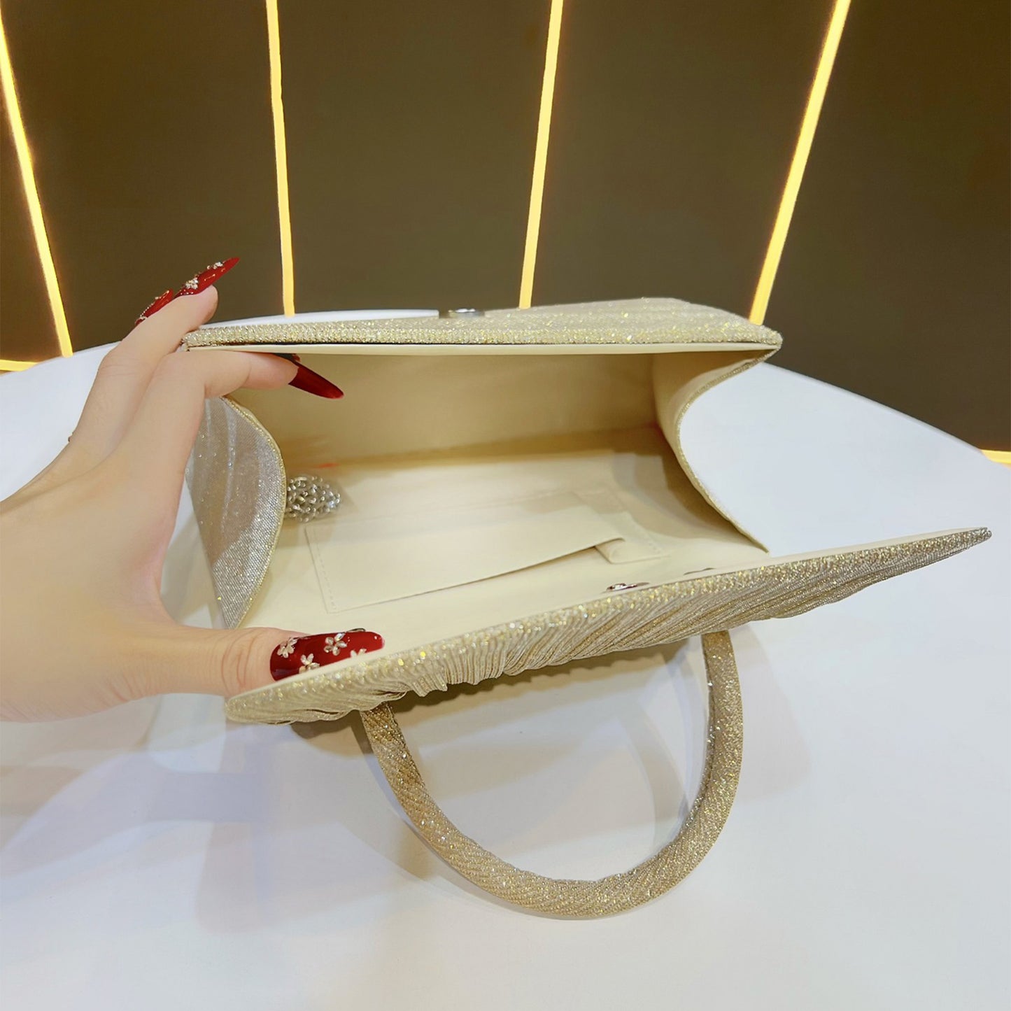 Gold Crinkle Convertible Evening Bag - Multi-Way Clutch Shoulder Crossbody Handbag