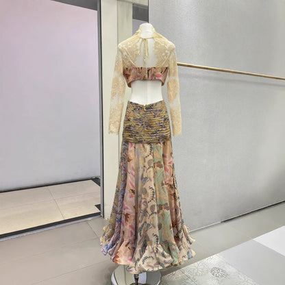 Women's Silk Ribbon Ruffled Long Skirt Dress - Lace-Up Style with Low Waist