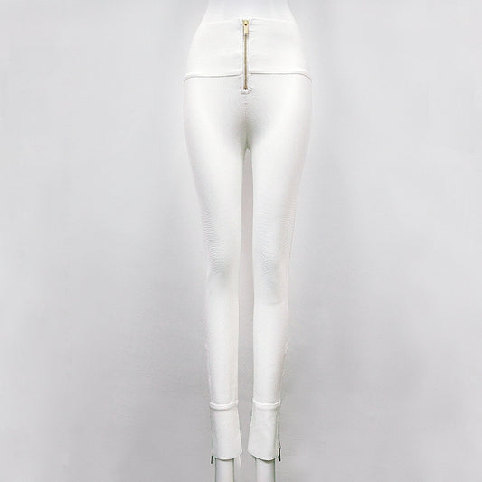 Bandage Stretch Leggings with Zipper Detail - White Fitted Pants