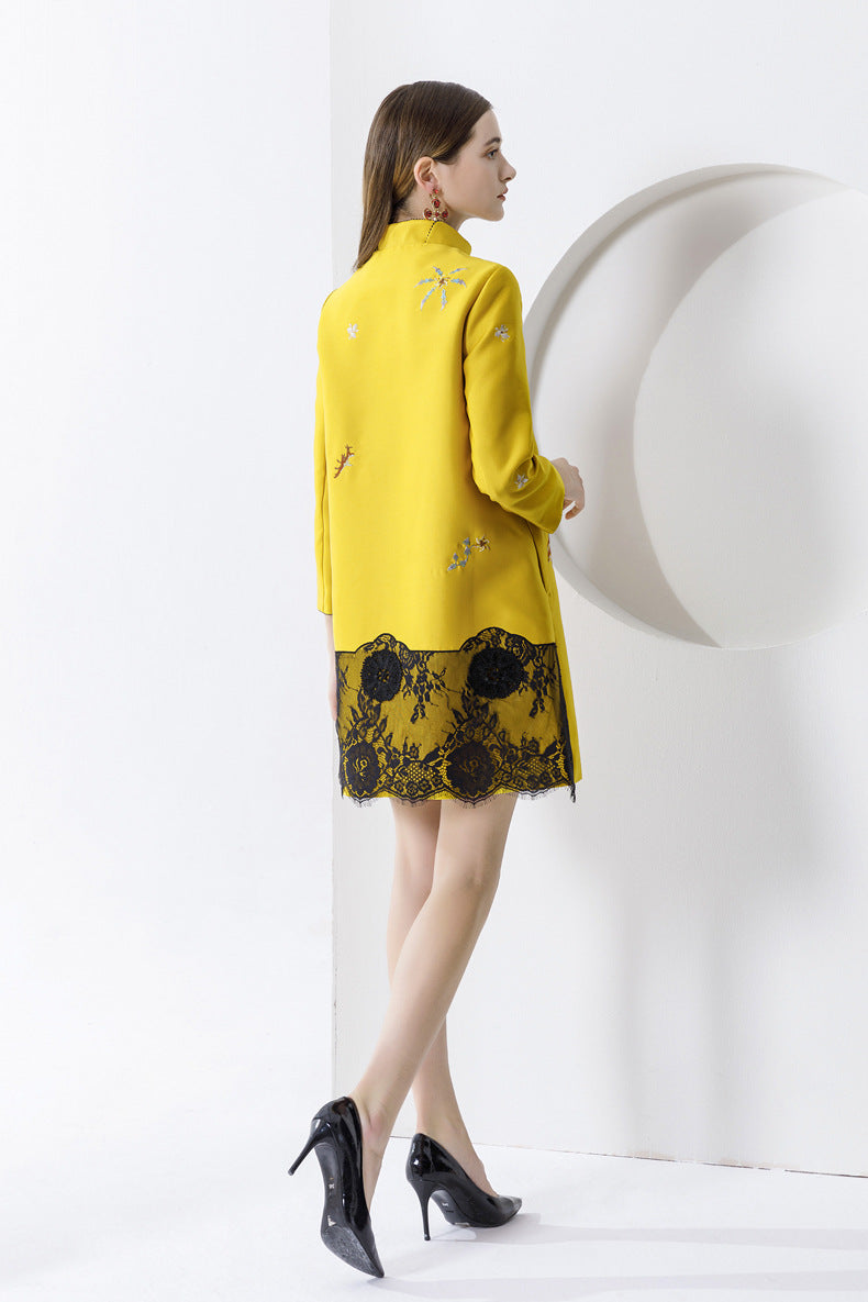 Premium Silk Wool Embroidered Mid-Length Coat - Lace Detail Winter Jacket