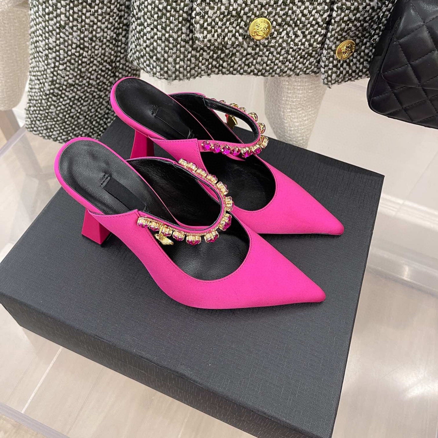 Premium Silk Rhinestone Pointed Toe Slippers - Elegant Women's Mules