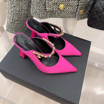 Premium Silk Rhinestone Pointed Toe Slippers - Elegant Women's Mules
