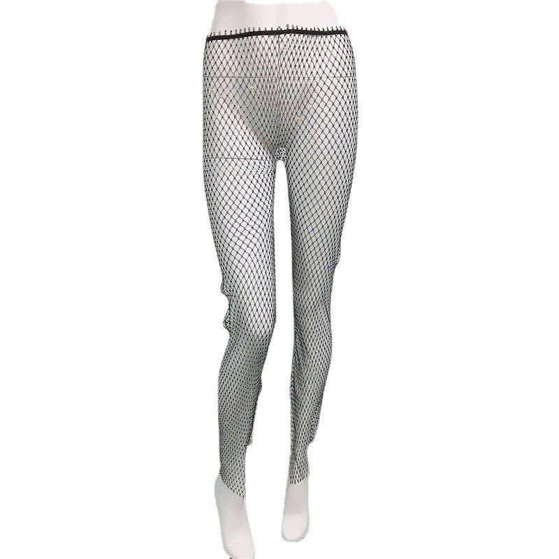 Fishnet Mesh Slit Pants - Rhinestone Stretch Leggings for Women