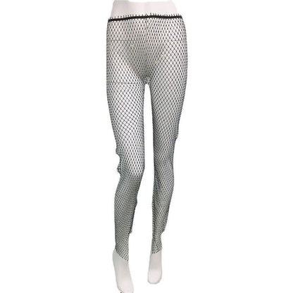 Fishnet Mesh Slit Pants - Rhinestone Stretch Leggings for Women