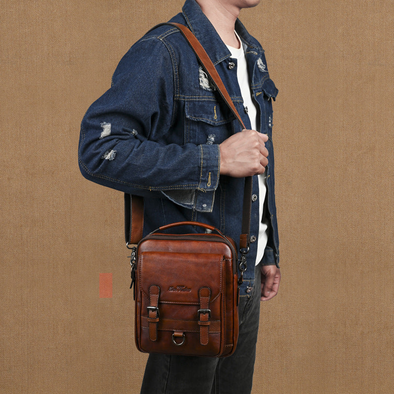 Genuine Leather Men's Shoulder Bag - Hand-Rubbed Top-Grain Cowhide Crossbody Messenger Bag