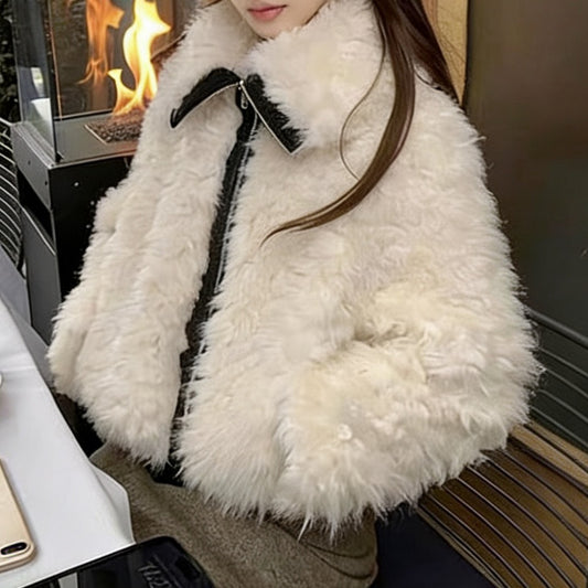 Premium Wool Blend Lapel Jacket with Faux Leather Trim