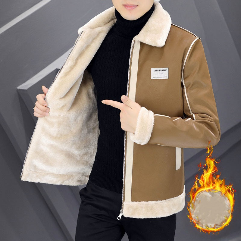Men's Warm Suede Leather Coat - Velvet Lined Cotton Padded Jacket with Fur Collar