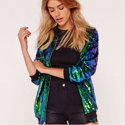 Women's Sequin Baseball Uniform Jacket - Sparkle Bomber Jacket