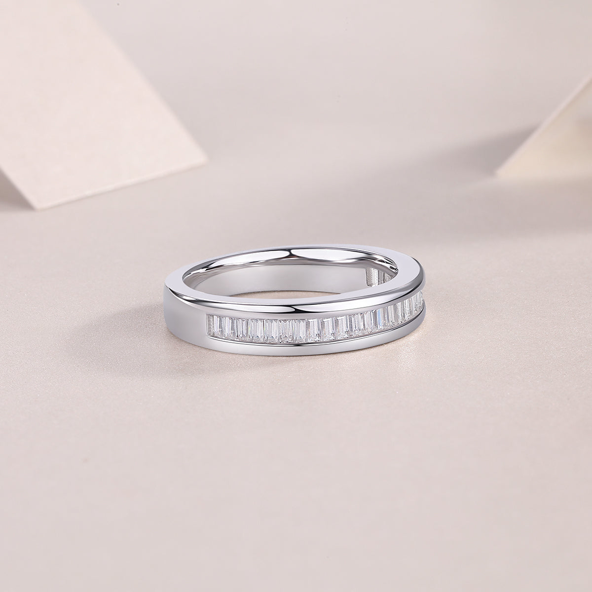 Square Moissanite Sterling Silver Ring Set - Platinum Plated Wedding Band