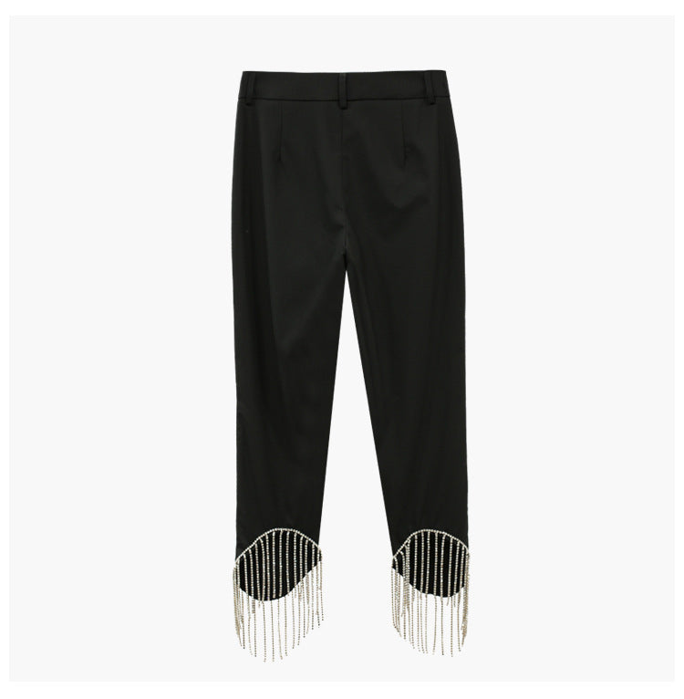 Nine-Point Casual Pants with Tassels and Chain Detail