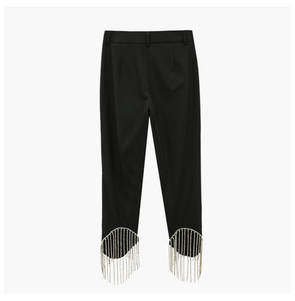 Nine-Point Casual Pants with Tassels and Chain Detail