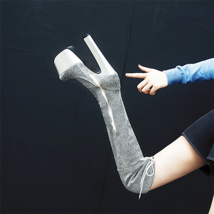 Women's Thigh High Sequined Platform Boots - Bling High Heel Long Boots
