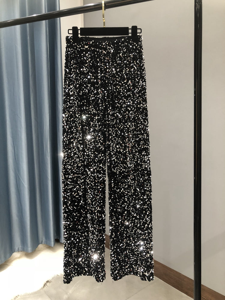 Women's Sequined High-Waist Wide Leg Pants - Korean Velvet Trousers