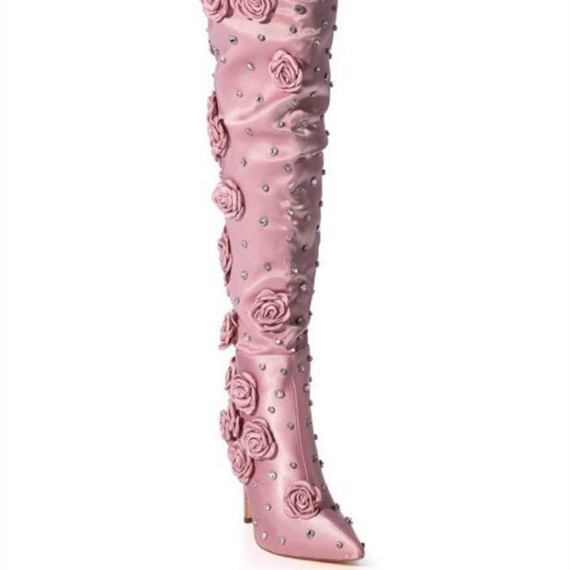 Silk Cloth Over-the-Knee Boots with Rivet Rose Detail - Stiletto Heel