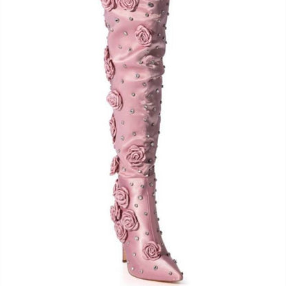 Silk Cloth Over-the-Knee Boots with Rivet Rose Detail - Stiletto Heel