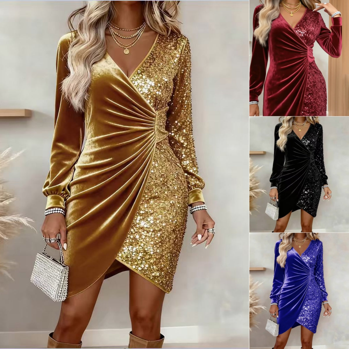 V-Neck Sequin Velvet Bodycon Dress - Long Sleeve Pencil Dress