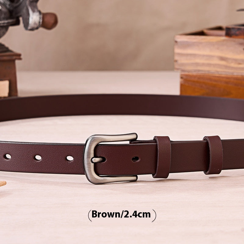 First Layer Cowhide Leather Belt - Women's Versatile Simple Design with Alloy Pin Buckle
