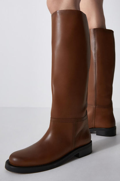 Women's Vintage High Boots - Mid-Heel Leather Boots with Round Toe