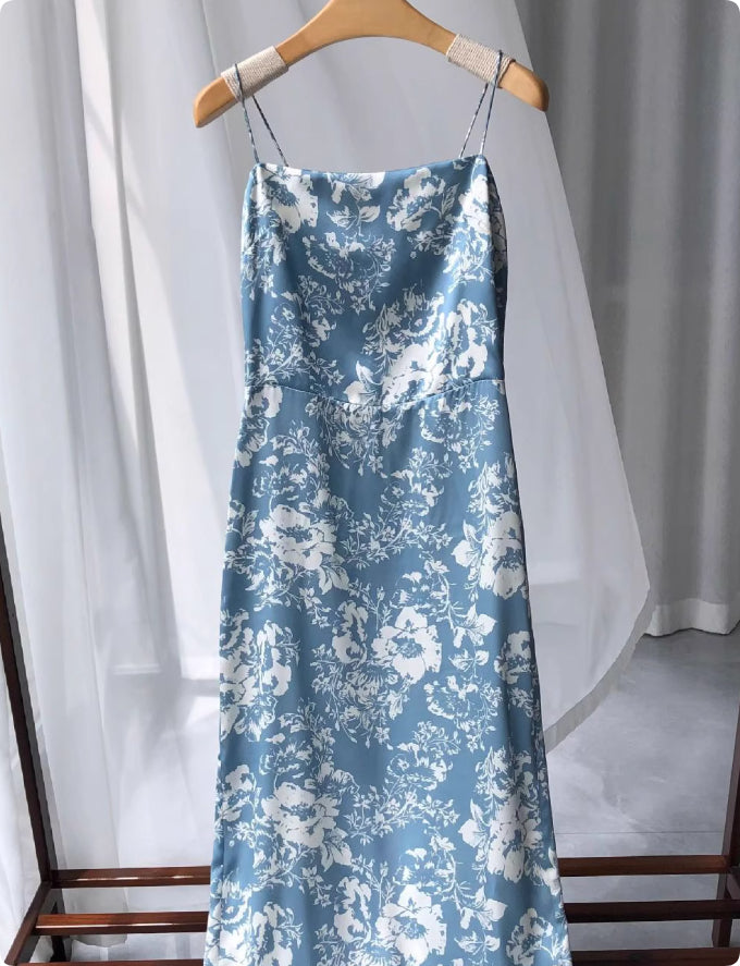 Women's Mulberry Silk Maxi Dress - Spaghetti Strap Floral Vacation Dress