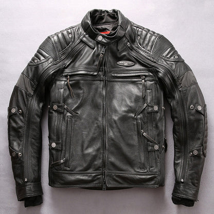 Men's Genuine Leather Motorcycle Jacket - Cowhide Stand Collar Slim Fit