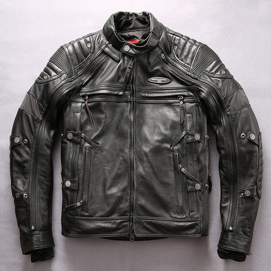 Men's Genuine Leather Motorcycle Jacket - Cowhide Stand Collar Slim Fit