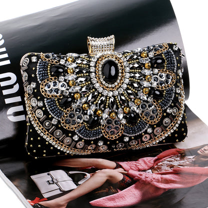 Beaded Embroidery Evening Bag - Rhinestone Clutch Purse with Hard Handle