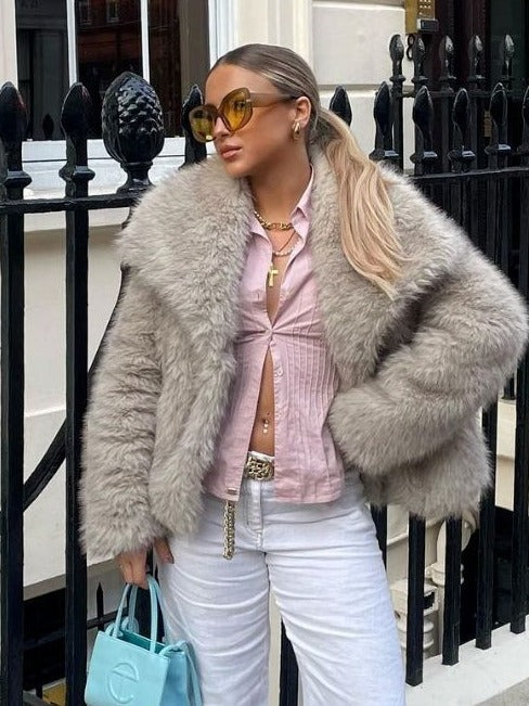 Women's Winter Plush Fluffy Lapel Coat - Warm Thicken Long Sleeve Jacket