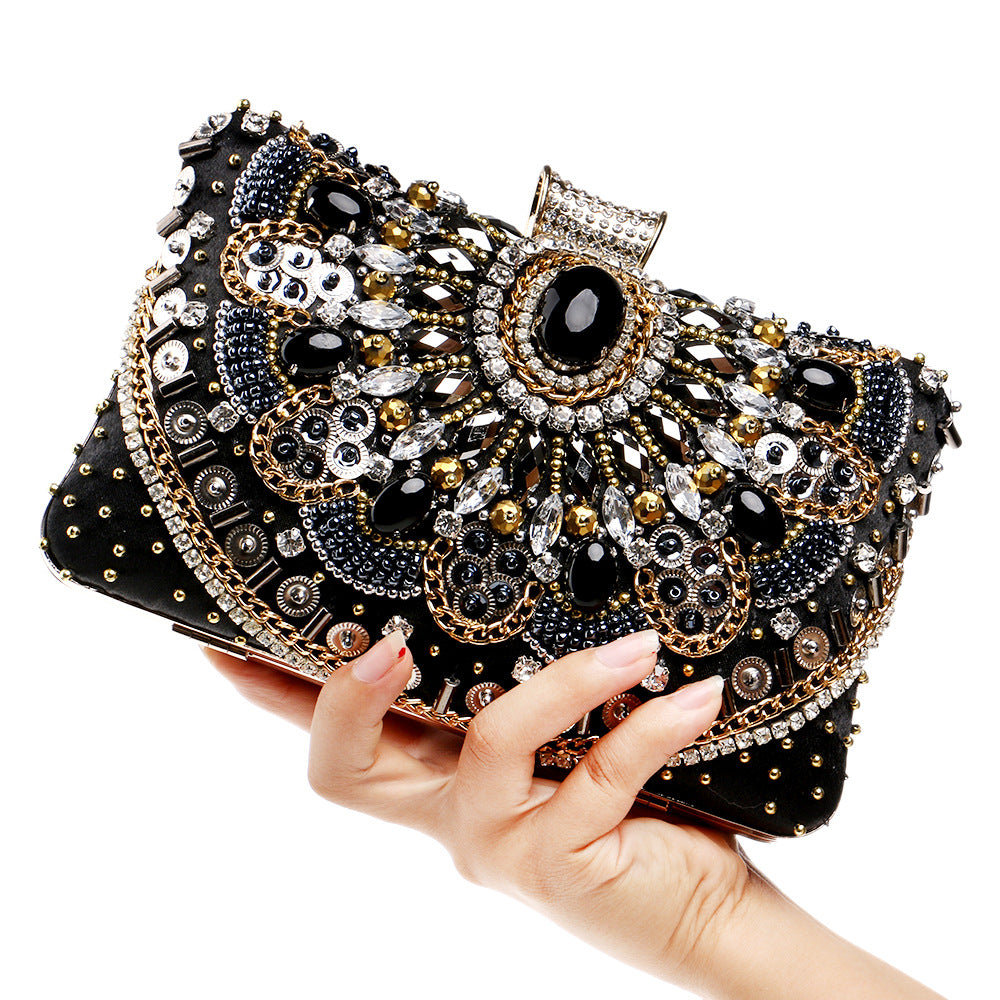 Beaded Embroidery Evening Bag - Rhinestone Clutch Purse with Hard Handle