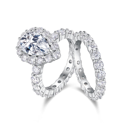 Pear-Shaped Moissanite Sterling Silver Ring - Platinum Plated Wedding Band