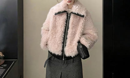 Premium Wool Blend Lapel Jacket with Faux Leather Trim