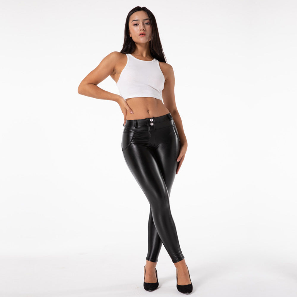 Fleece-Lined PU Leather Pants - Mid-Waist Elastic Leggings for Women