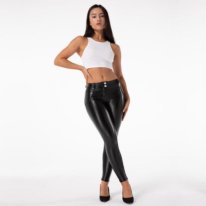 Fleece-Lined PU Leather Pants - Mid-Waist Elastic Leggings for Women