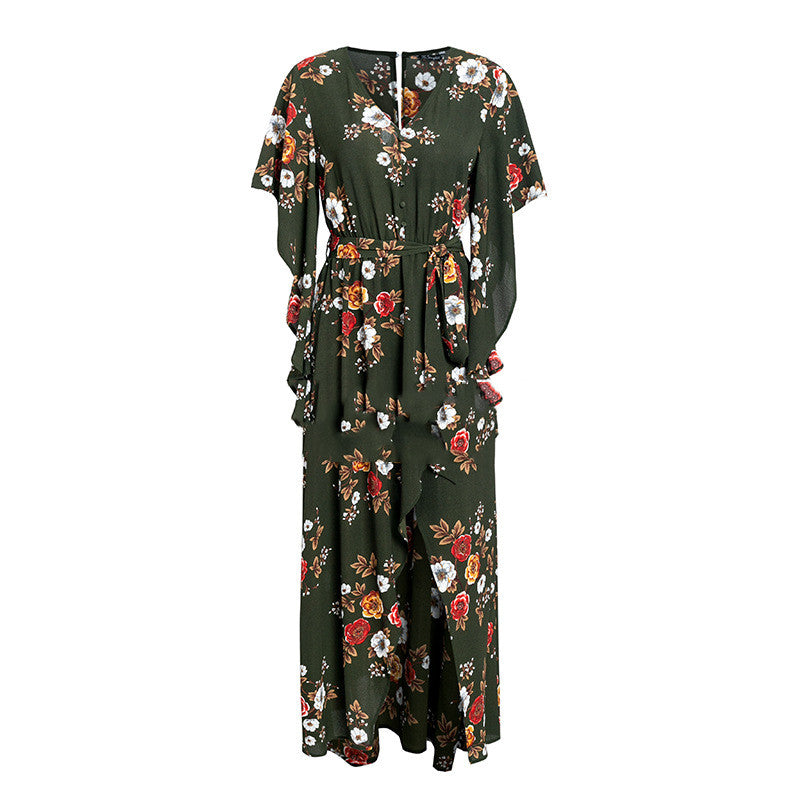 Women's Printed Long Slit Dress - Ruffled Maxi Dress with Irregular Hem