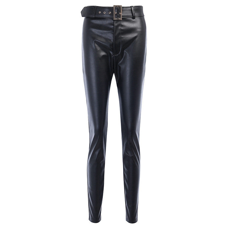 Belted Faux Leather Pants - Casual Tight-Fit Trousers for Women