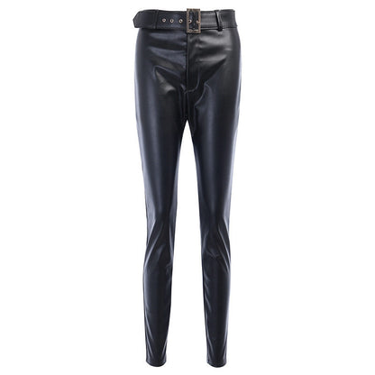 Belted Faux Leather Pants - Casual Tight-Fit Trousers for Women
