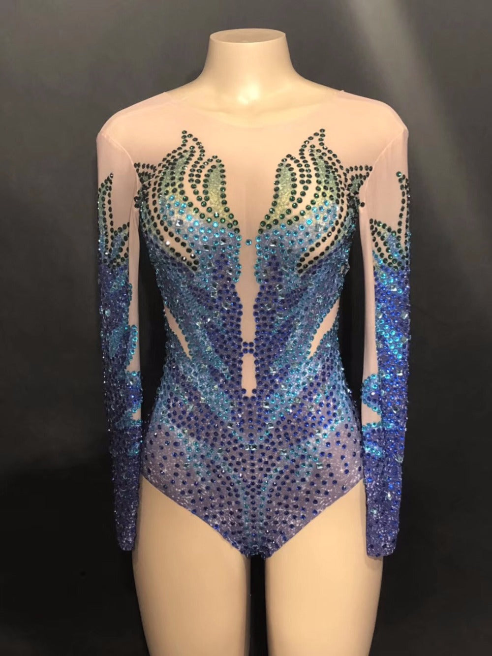Blue Rhinestone Performance Bodysuit - Long Sleeve High-Cut Jumpsuit