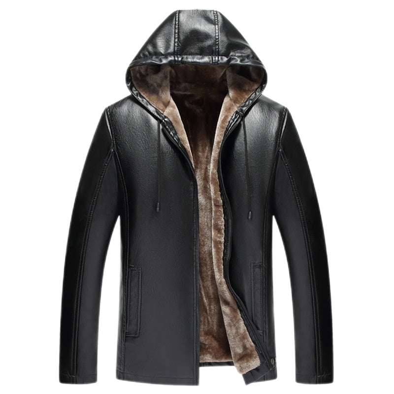 Hooded Warm Leather Jacket - Men's Fur-Lined Velvet Thickening Motorcycle Jacket
