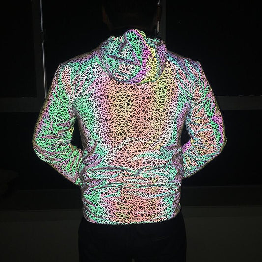 Reflective Jacket with Colorful Bird Nest Pattern - Hooded Fit-Type Zipper Jacket