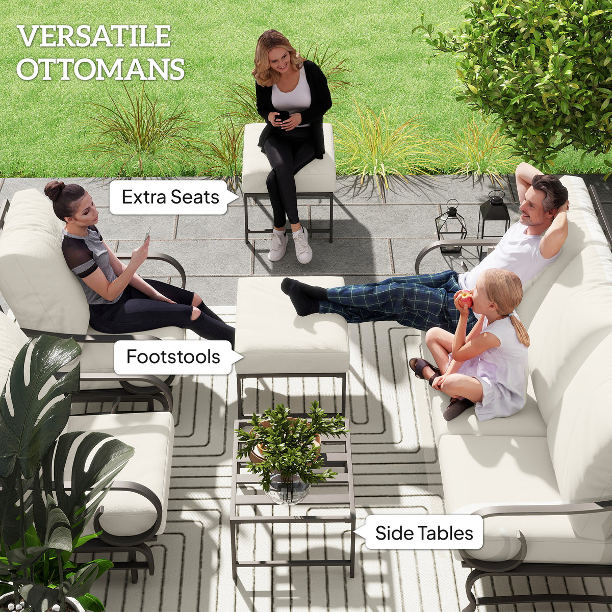 5-Piece Outdoor Patio Furniture Set | 3-Seat Sofa, 2 Rocking Armchairs & 2 Ottomans | Beige