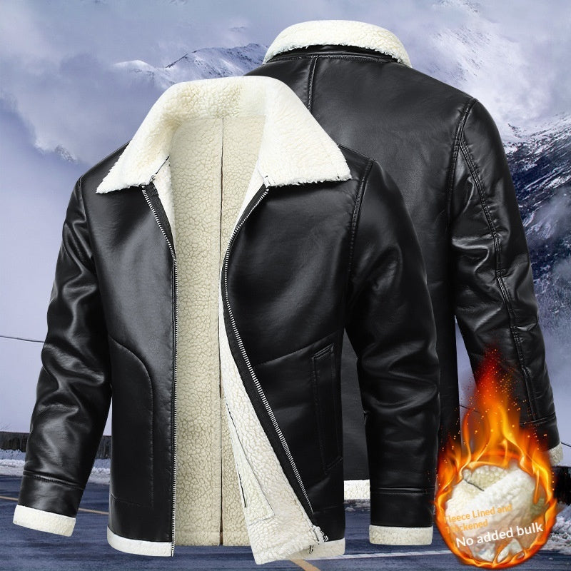 Men's Fleece-Lined Sheepskin Leather Jacket - Genuine Leather Winter Coat
