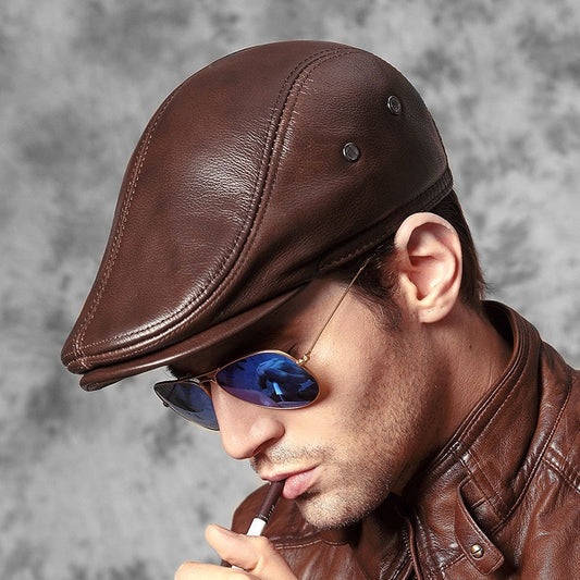 Men's Genuine Cowhide Leather Cap - Top-Grain Duckbill Beret Winter Hat