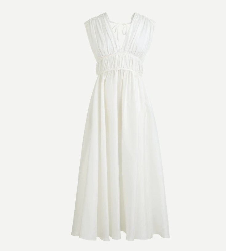 Vintage Silk Sleeveless V-Neck Lace-Up Pleated Waist Dress