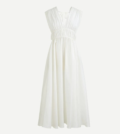 Vintage Silk Sleeveless V-Neck Lace-Up Pleated Waist Dress