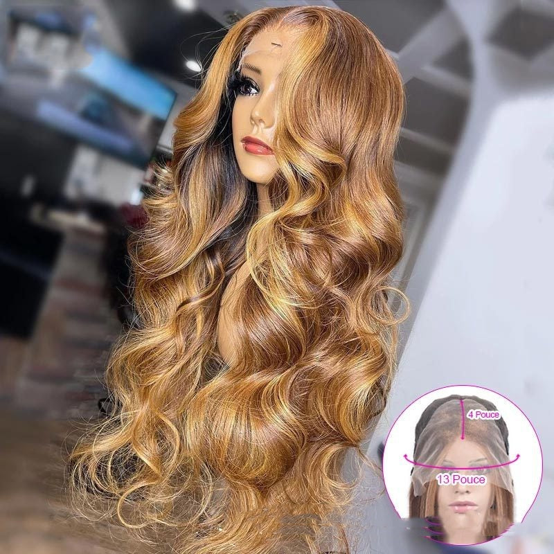Honey Blonde Body Wave Lace Front Wig - Pre-Plucked with Highlights