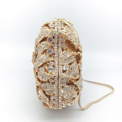 Rose Design Evening Clutch - Crystal Embellished Metal Frame Bag