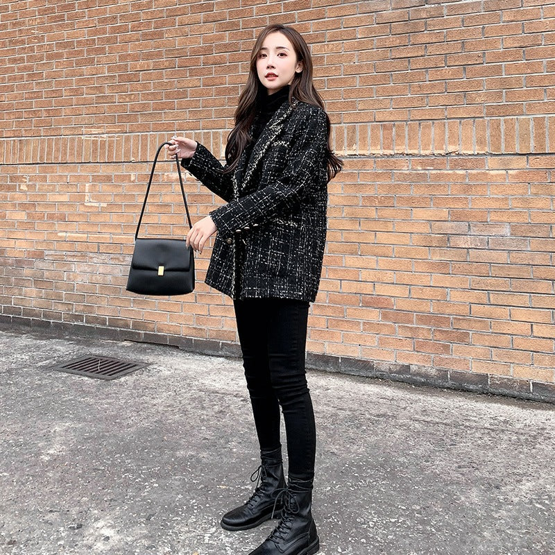 Women's Plaid Wool Blend Coat - Casual Loose Fit Long Sleeve Jacket