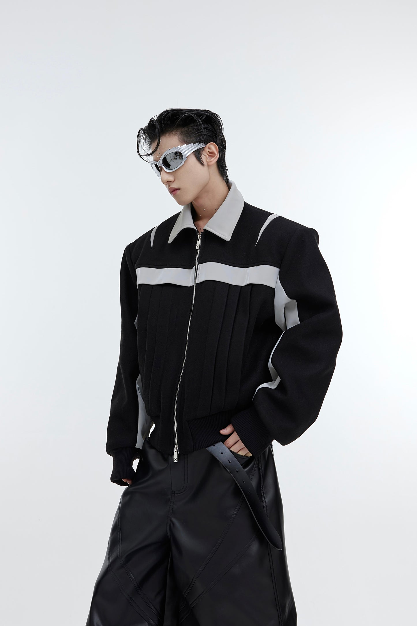 Color Block PU Leather & Wool Composite Jacket - Contemporary Style