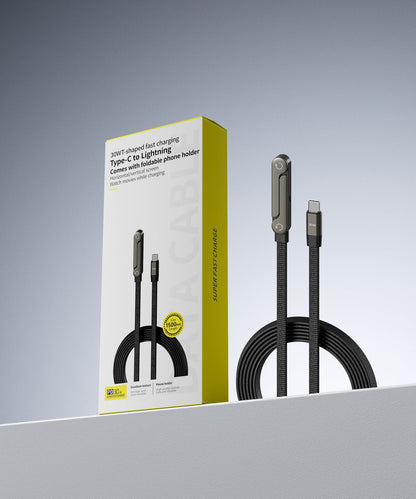 2-in-1 Fast Charging Cable with Built-In Foldable Phone Stand - 90° Elbow Braided Type-C Cable