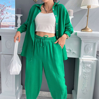 Women's Button Down Lounge Set - Long Sleeve 2-Piece Casual Loungewear with Pockets